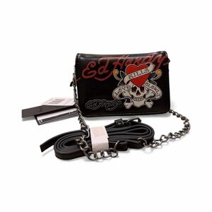 Ed Hardy Black Micro Crossbody Bag with Red and White Skull Design